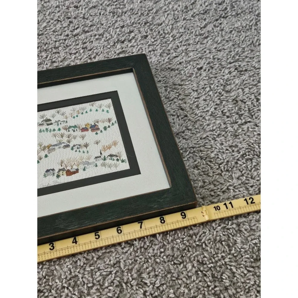 Sandra Peterson County Folk Art Paper Collage Framed Winter Village Wall Hanging